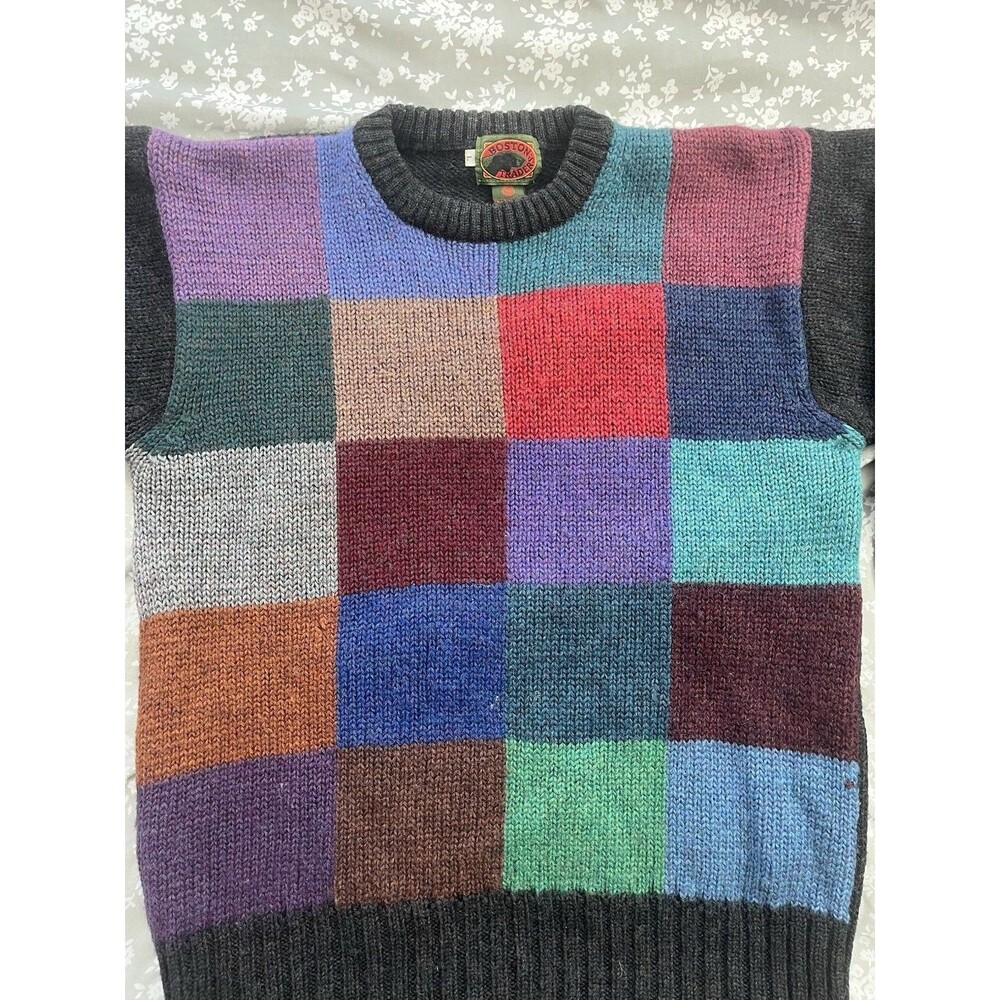 Vtg Boston Traders Patchwork Knit Wool Sweater Large Multicolor Grandpacore - Picture 3 of 6